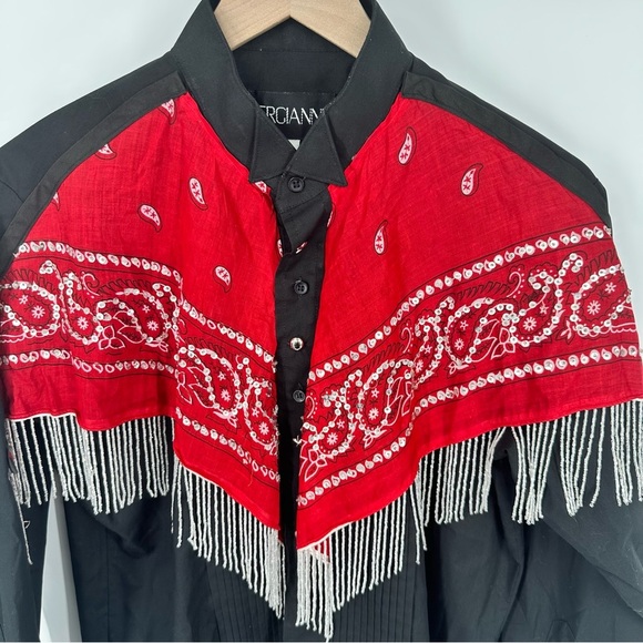 Womens Medium Fringe Western Button Down Shirt Sequins Black Red Rodeo Cowgirl - Picture 2 of 9